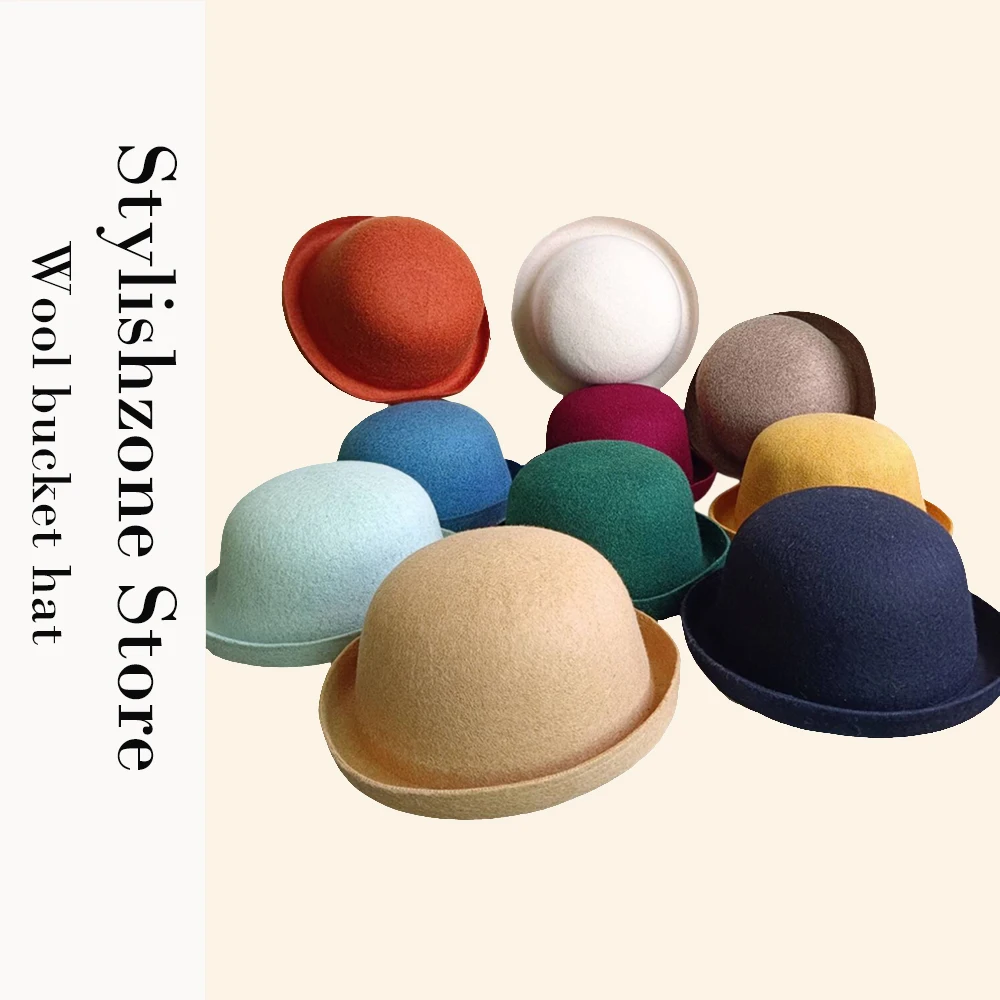 

Wool felt hat, bowler hat Japanese style British retro hat, unisex versatile curled brim bucket hat trendy small round hat 버킷