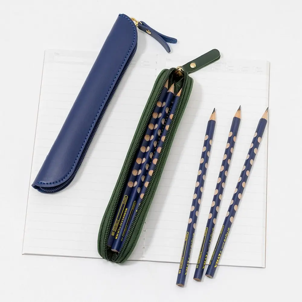Solid Color PU Leather Pen Bag Stationery Storage Bag Pen Protective Bag Student Business Curved Zipper Portable Pen Pouch