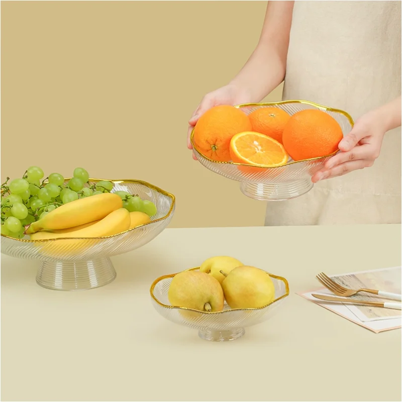 Simple Transparent Glass Bowl Creative Tracing Gold High-footed Fruit Plate Living Room Home Dessert Bowl Salad Bowl Plate