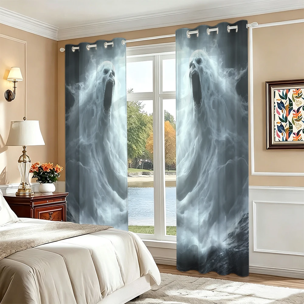 2Pcs Gothic Smoke Skeleton Evil Spirit Curtains Perforated Hole‑Punch Blackout Privacy Window Drapes For Living Room Bedroom