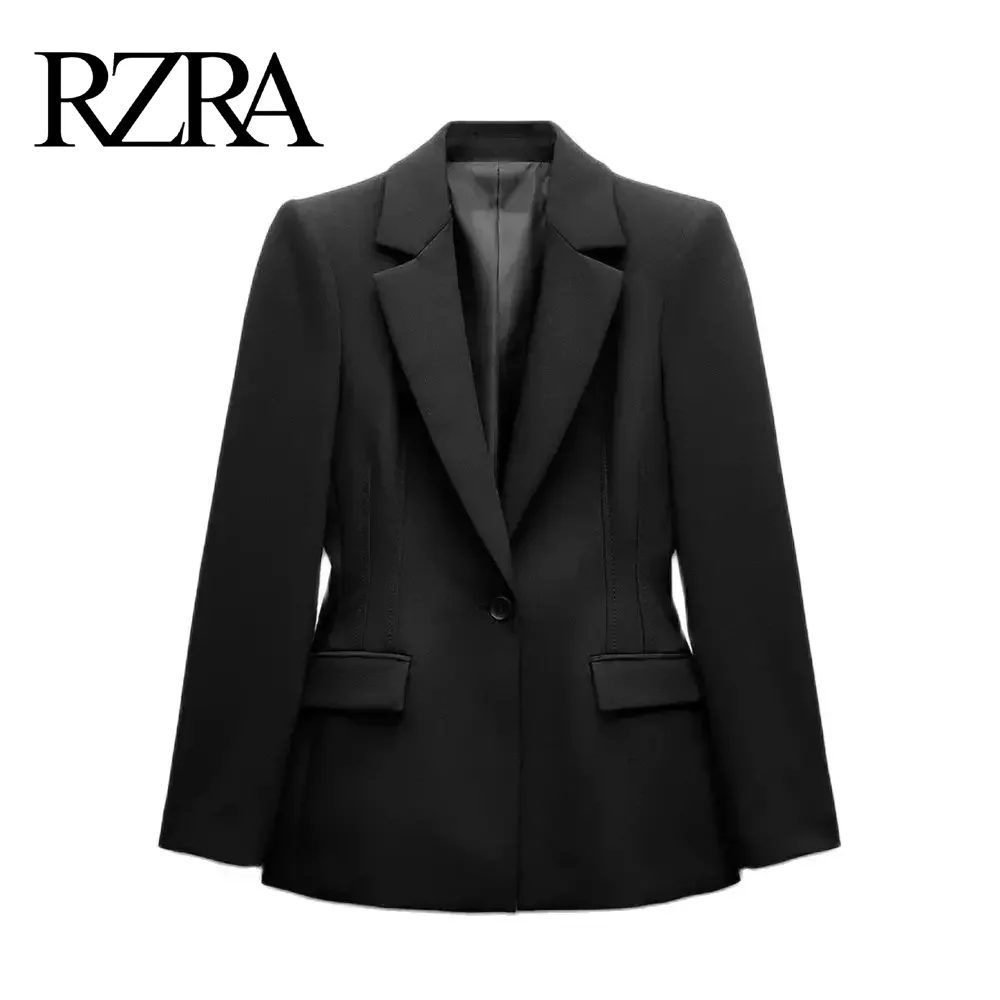 RZRA2024 autumn and winter new women\'s black lapel long sleeve with shoulder pads slim suit jacket professional all-match