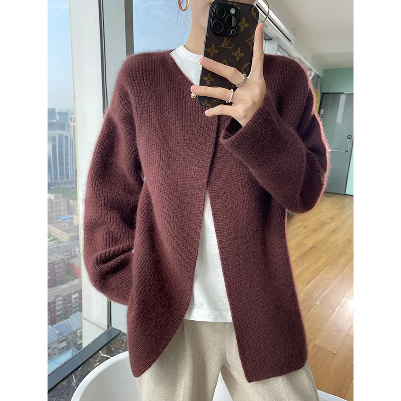 Autumn Winter Women O-neck 100% Woolen Sweater Coat Casual Knitted One Button Cardigan Female Cashmere Soft Outwear Jacket