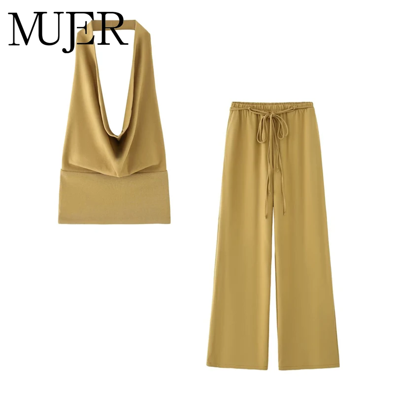 

MUJER 2025 Women's Pants Sets Halter Backless Tops Sets for Women 2 Pieces Summer High Waist Woman Trousers Sets Casual Outfits
