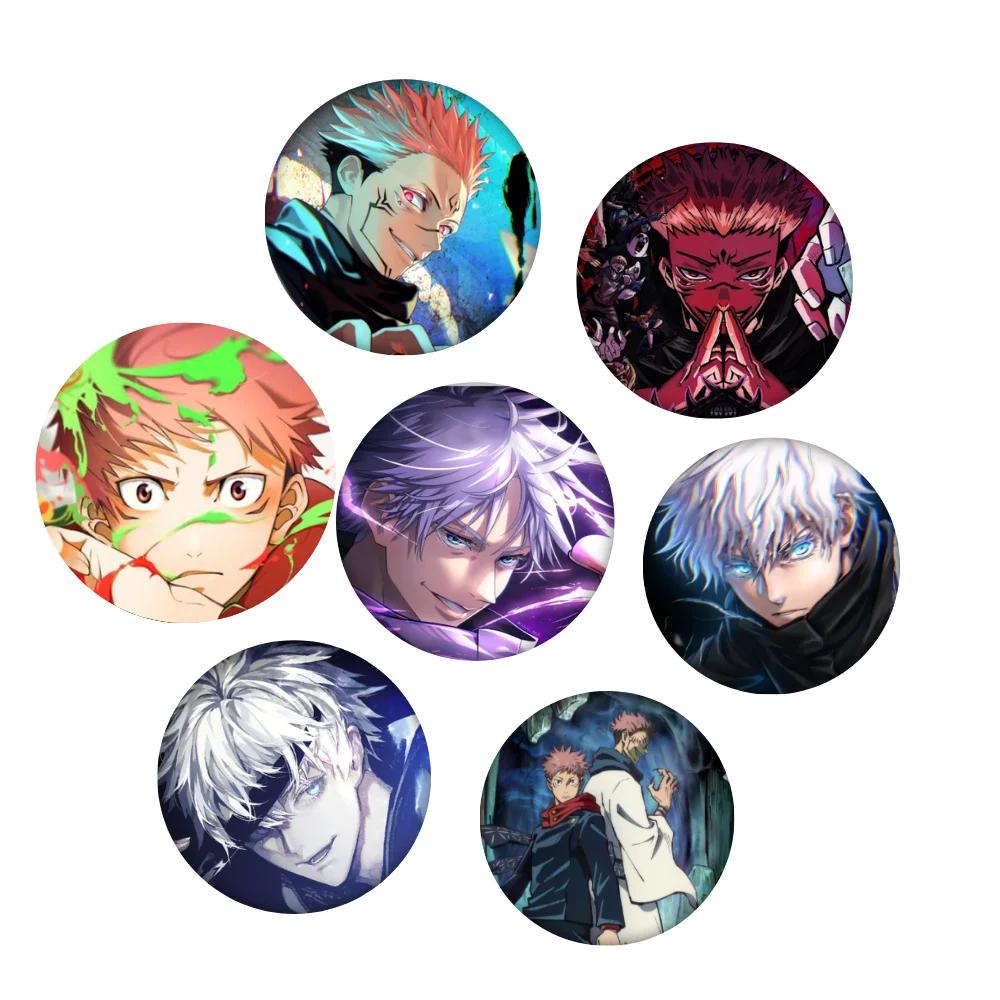 58mm Jujutsu Kaisen Anime Badge, Round Tin Pin Brooch, Plastic Safety Pin Back, Collectible Button Pin for Bag Decoration