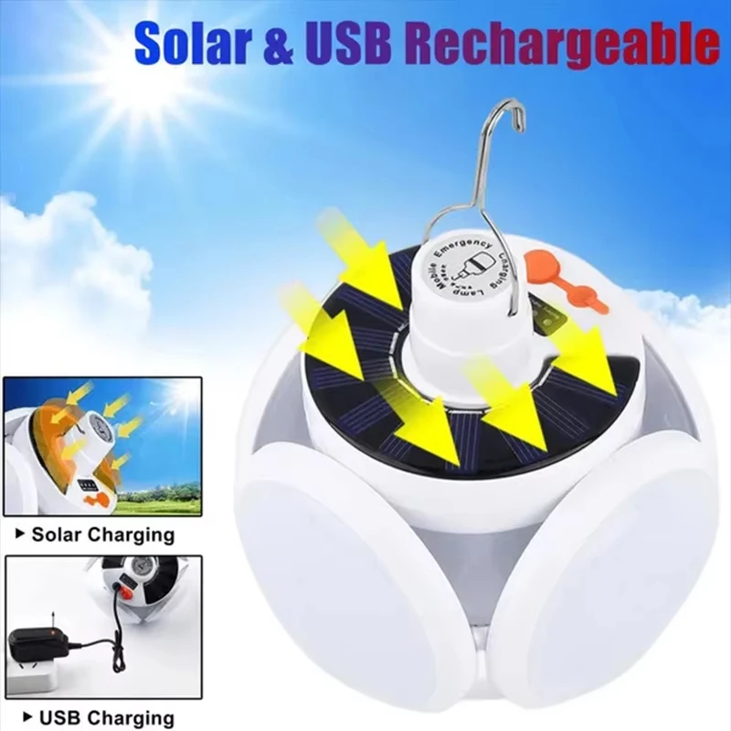 LED Portable Solar Camping Lantern USB Rechargeable Outdoor Tent Lamp Folding Football Bulbs with Hanging Hook Emergency