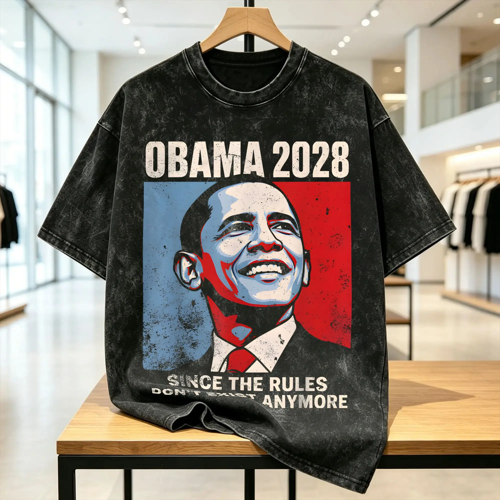 Obama 2028 Since Rules Don't Exist Anymore Men T Shirts Washed  Vintage Tee Shirt Short Sleeve Crewneck T-Shirts Cotton Tops