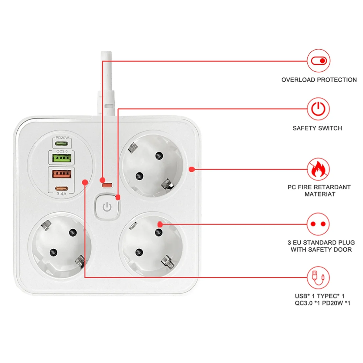 Европейская розетка 3AC Розетка Многофункциональный удлинитель 2 Тип C Удлинитель