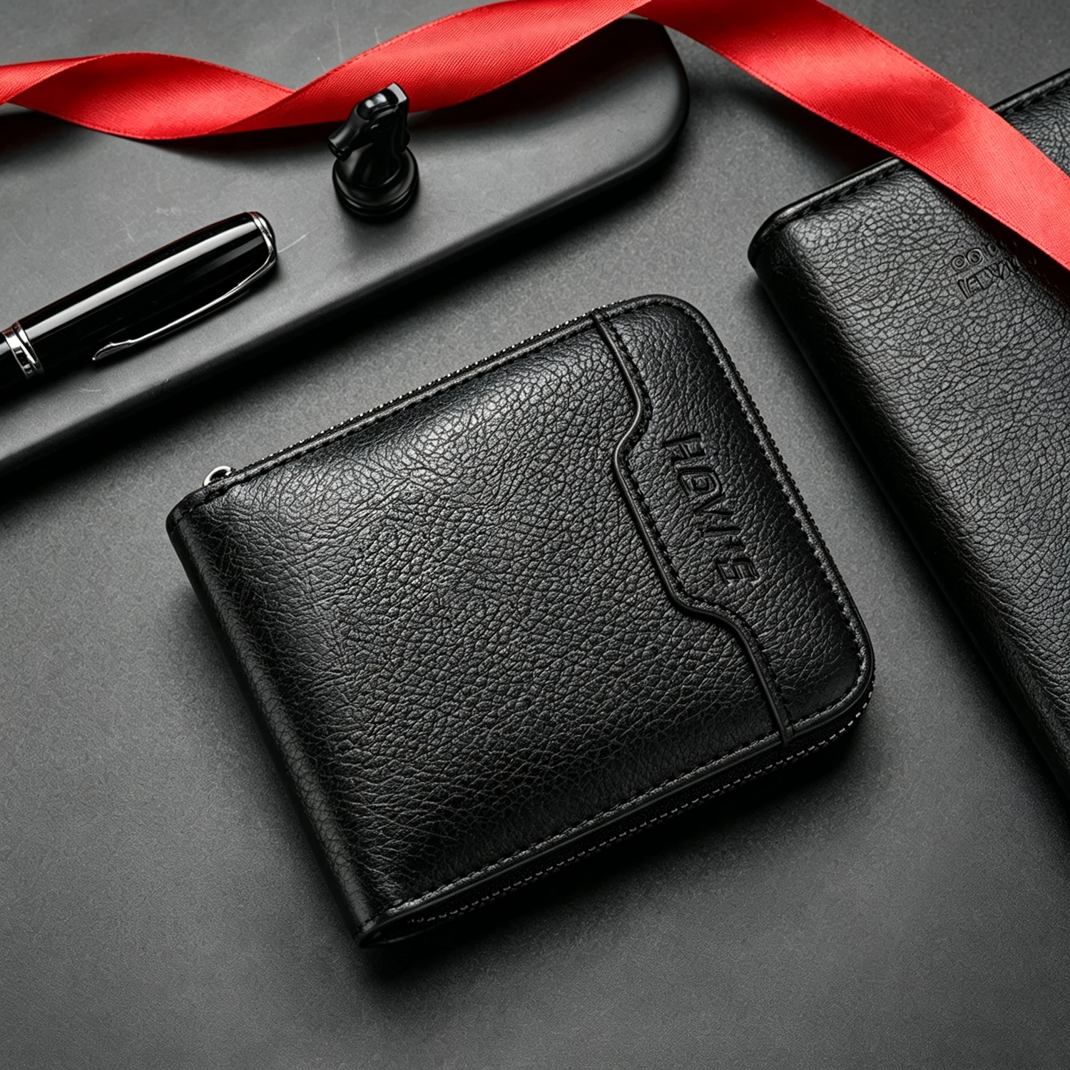 Men PU Leather Zipper Bifold Short Wallet, Litchi Grain Multi‑Card Slots ID Window Coin Purse, Full Zip Business Casual Wallet