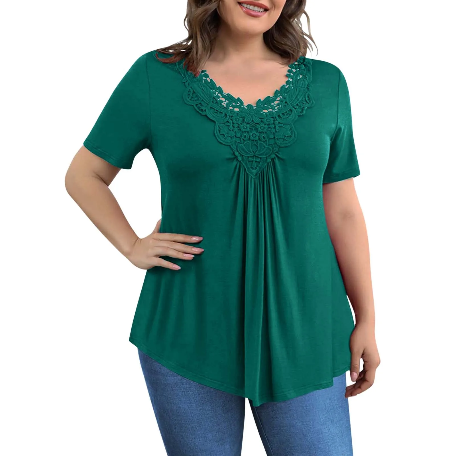 Plus Size Women\'s Lace Tops Blouses 2022 Summer Short Sleeve V-neck Black Green Shirt Elegant Blouse Clothes