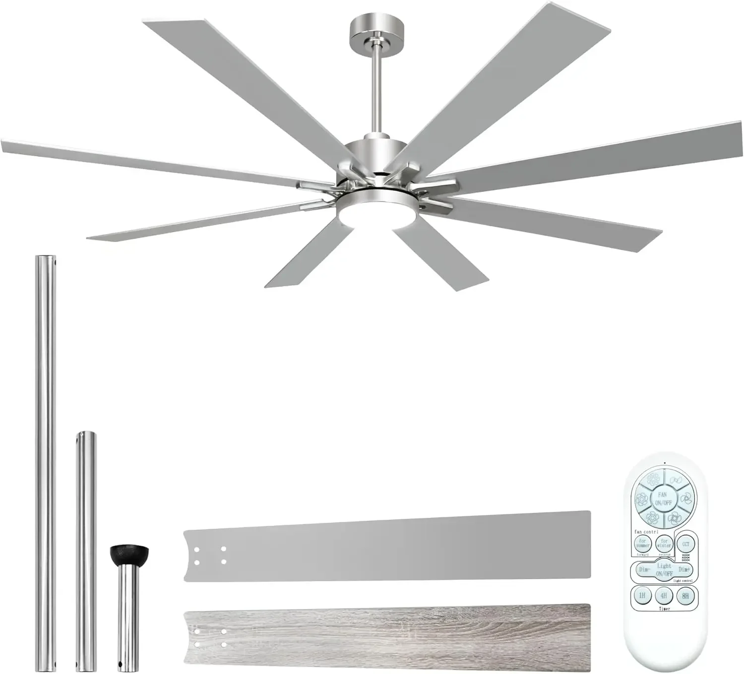 

62 Inch Ceiling Fans with Lights and Remote Control, Low Profile & Downrod Mount 8-Blade Modern Nickel Ceiling Fan, 3CCT Dimmabl