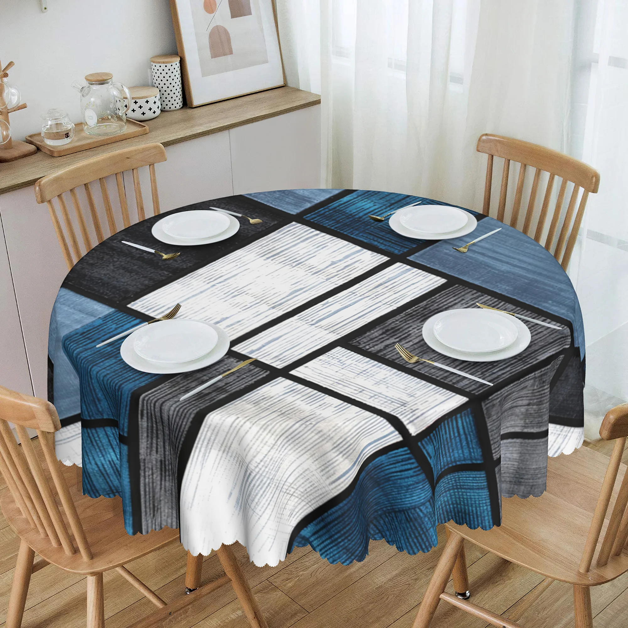 1 Piece of Modern Geometric Patchwork Tablecloth in Round and Rectangular Shapes, Available in Various Sizes, with a Base of Old Wood Grain Texture, Featuring a Printed Tablecloth with Staggered Geometric Color Blocks in Blue, Gray, and Off-White, with Embossed Edges, Suitable for Home Dining Rooms, Garden Picnics, and as a Four-Season Home Decor Item, Modern Minimalist Decoration