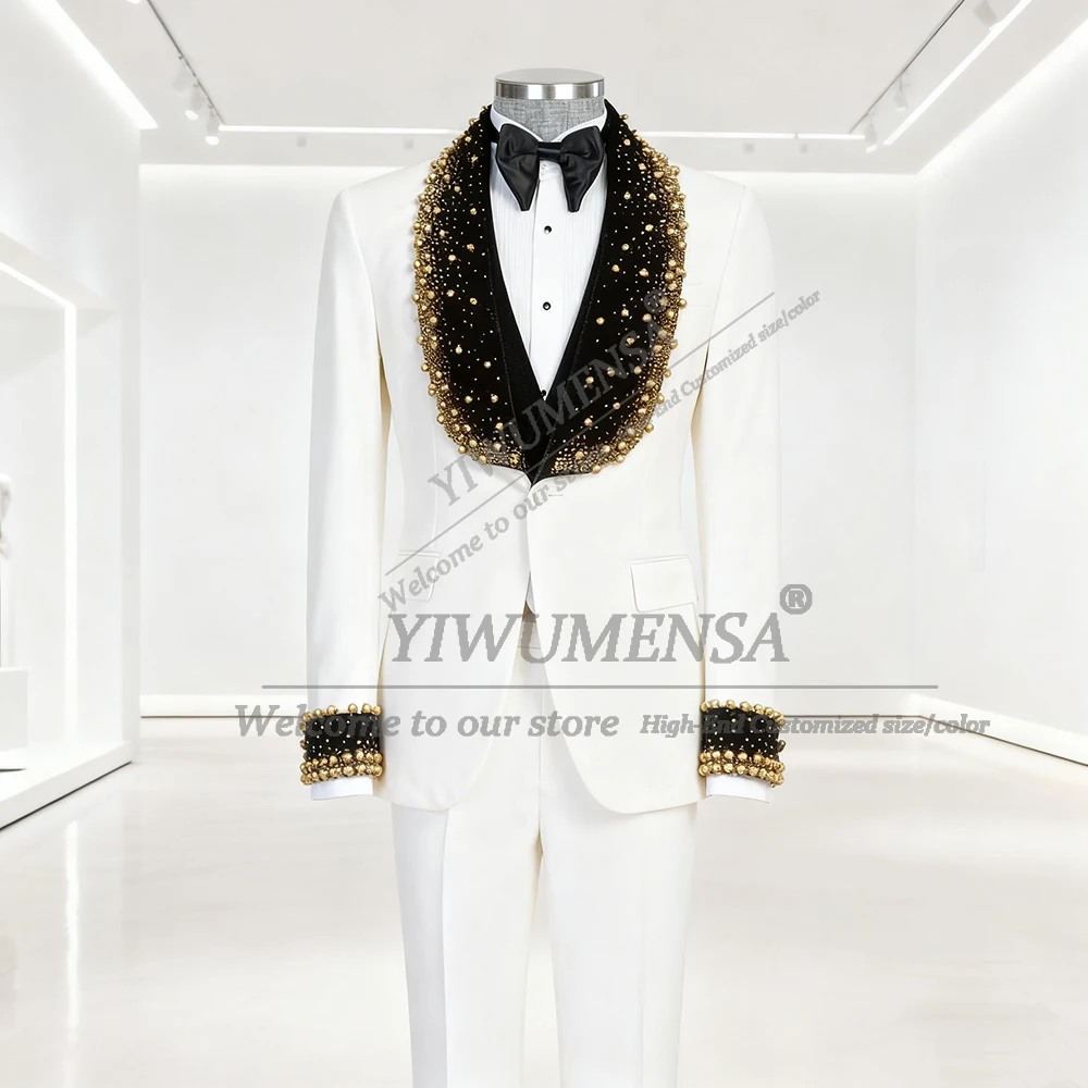 

Роскошные мужские костюмы с золотым жемчугом и бисером для свадьбы, однобортные пиджаки для выпускного вечера, индивидуальный смокинг жениха из трех предметов, мужской праздничный наряд