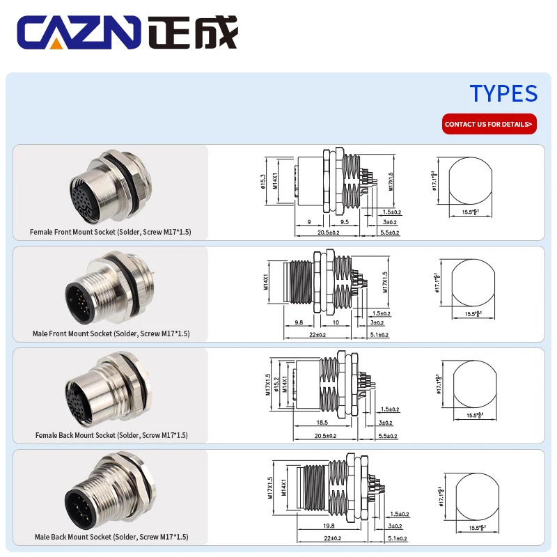 18pins M14 Solder Type Socket Back Front Mount Metal Material Connector for Electronic Components