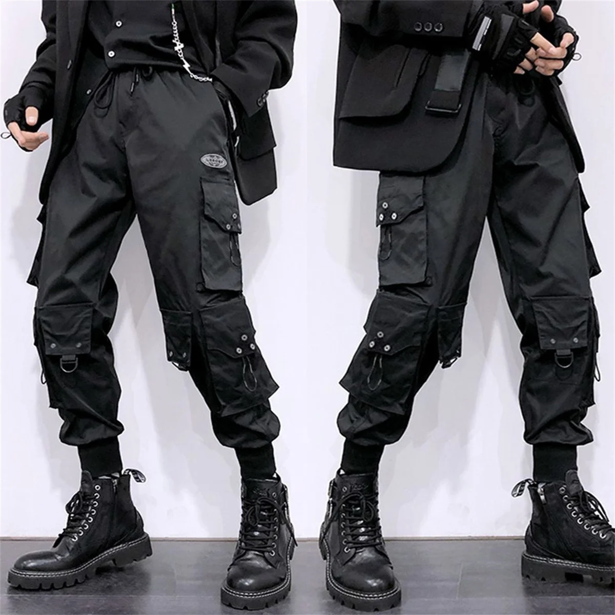 Black Multi-pockets Ribbons Bandage Tactical Techwear Cargo Pants Men Harajuku Punk Hip Hop Jogger Pantalons Trousers Streetwear