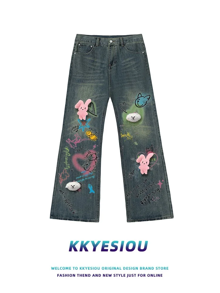 

KKyesiou Dopane Cartoon Cute Patchwork Denim Casual Pants Men's American Retro Trendy Brand Lovely Straight Leg Jeans