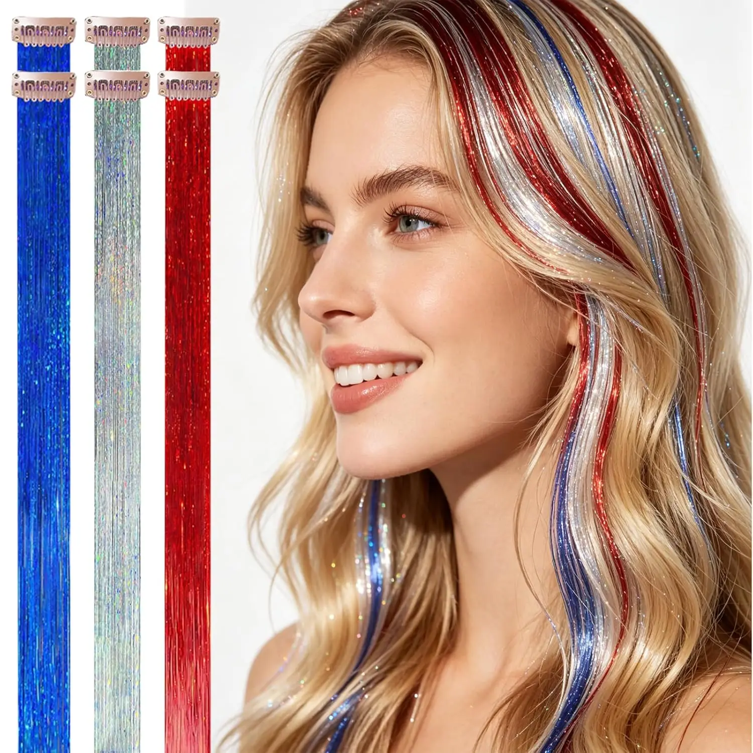 Red Silver Blue Mix Clip in Hair Tinsel 6Pcs Heat Resistant Sporty Hair Extensions for Women Teens Soccer Sports Synthetic