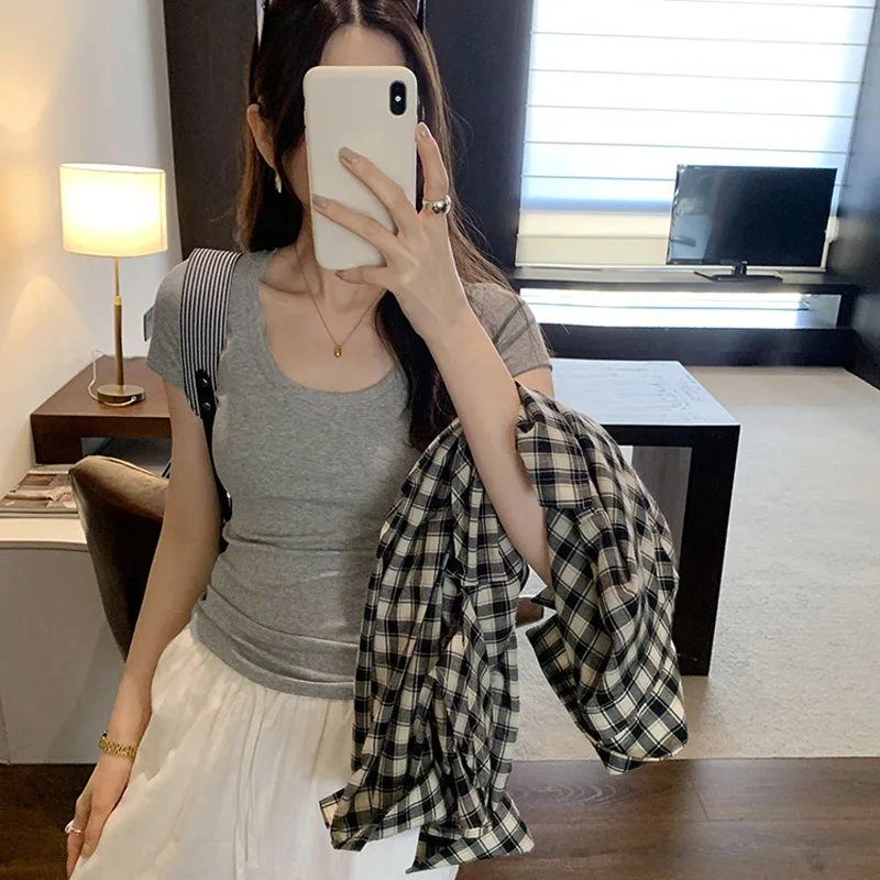 Camiseta informal de algodón para mujer, camisetas de manga corta, ropa de moda para mujer, camiseta básica ajustada con