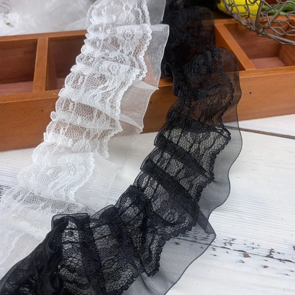 New 5CM Wide Pleated Lace Trim Double Layers White Black Chiffon Lace Ruffle Trim Lace Ruffle Dress Collar Cuffs Edge Decoration