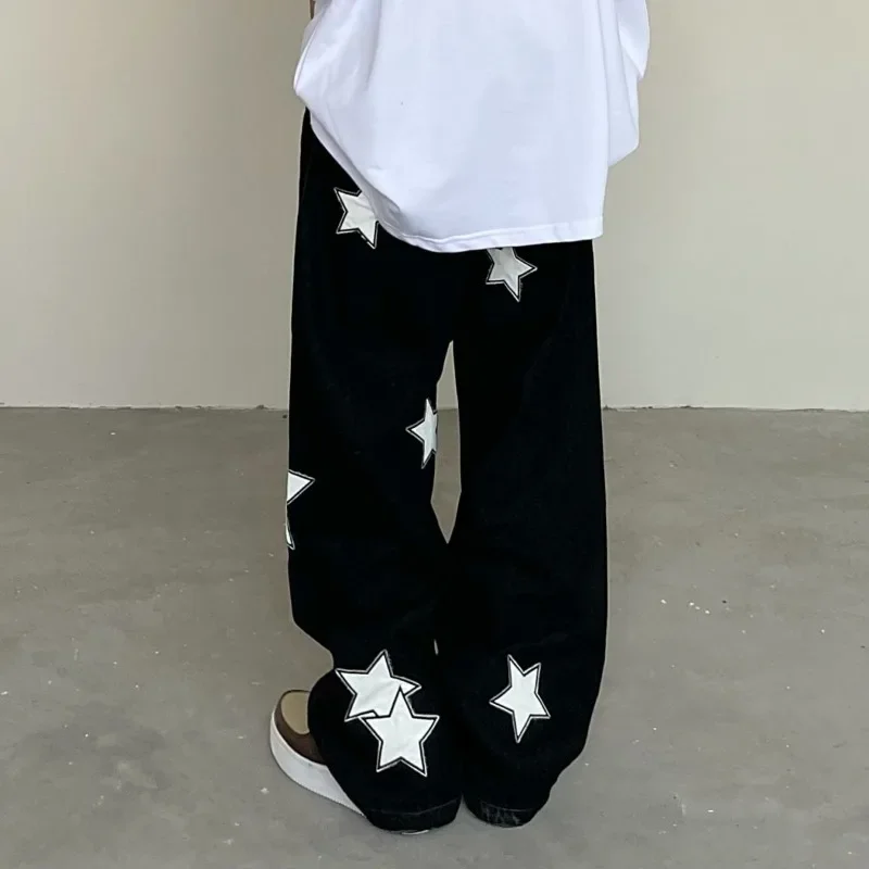 High Waist Star Black Jeans Street Hip Hop Denim Pants Women Loose Bf Straight Wide Leg Y2k Men Vintage Washed American