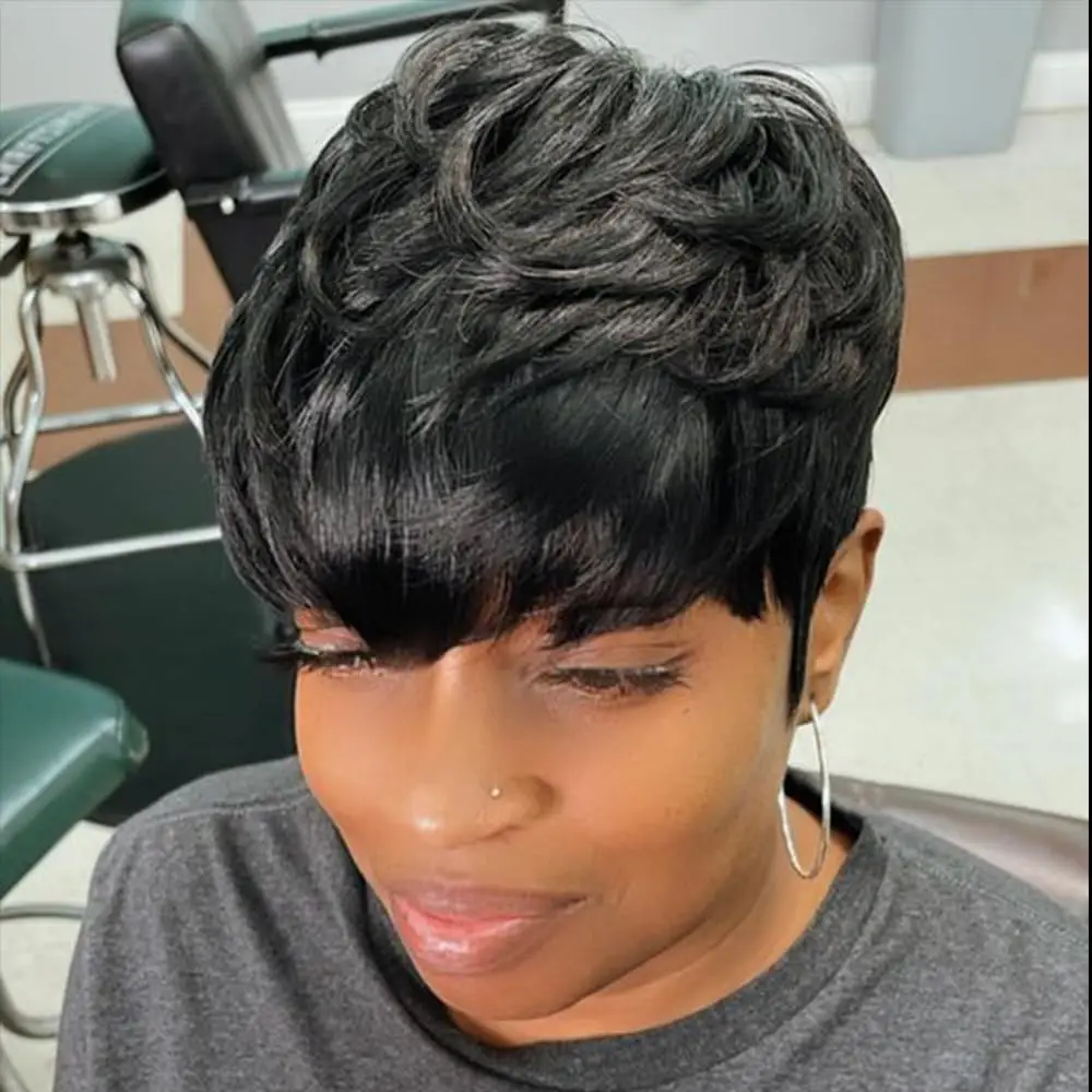 앞머리가 있는 짧은 레이어드 웨이브 곱슬 가발, 흑인 여성용 전체 기계식 픽시컷 인모 가발