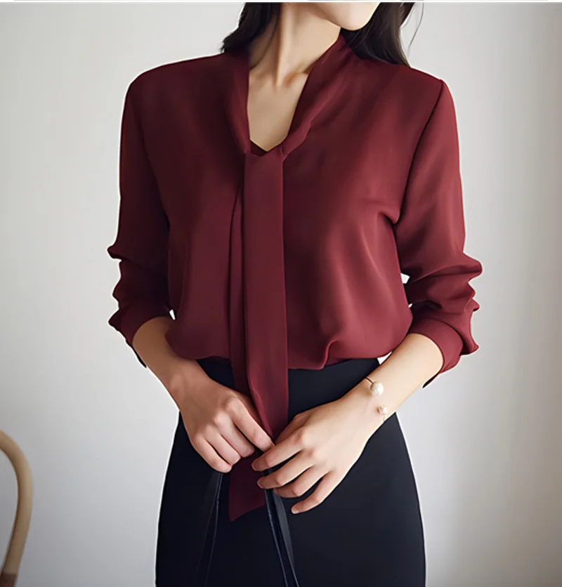 Pullover Blouse Summer Shirts for Women Korean Fashion Office Blouses blusas Autumn Long Sleeve Tie Bow Chiffon Formal Shirts