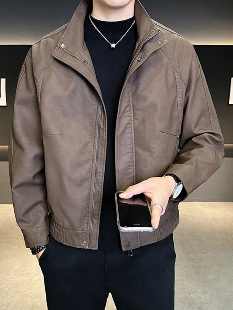 Thiened Fce اصطف الرجعية الأمريكية Jaet الرجال ملابس خارجية بولي Leather الجلود السائق Sle الخريف الشتاء الراقية يشعر الوقوف طوق