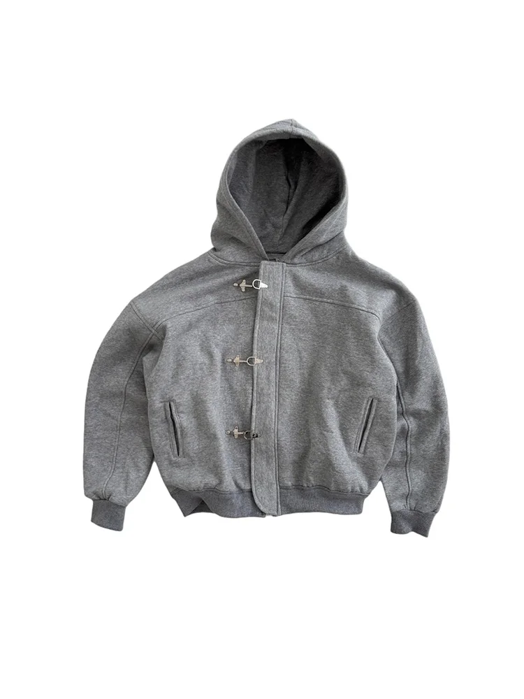 Autumn Winter Women Hoodie Harajuku American Vintage Y2K Streetwear Button Design Solid Color Pullover Hooded Sweatshirt