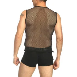 Mens Tank Top Mesh Fishnet String Vest Sleeveless O-Neck See Through Tulle Netting Slim Sport Shirts Sexy Black Clubwear