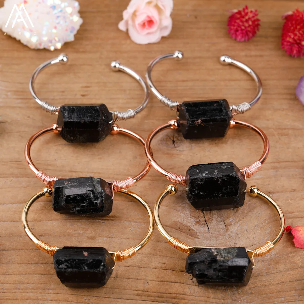 Raw Black Tourmaline Bracelet Natural Stone Open-Closure Bracelet Women's Chunky Gemstone Gold Bracelets Jewelry Friendship Gift