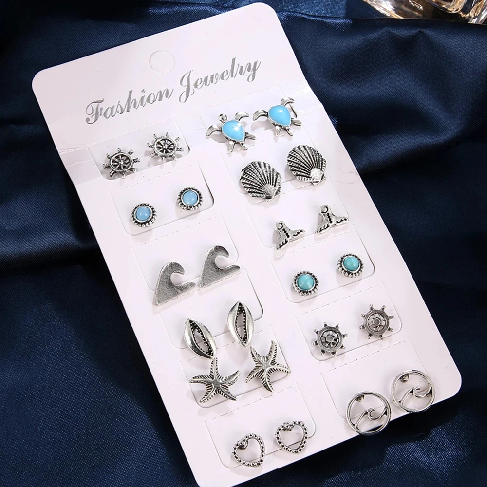 Bohemian Starfish Wave Turtle Stud Earrings Set For Women Vintage Rudder Heart Round Earring Statement Jewelry New