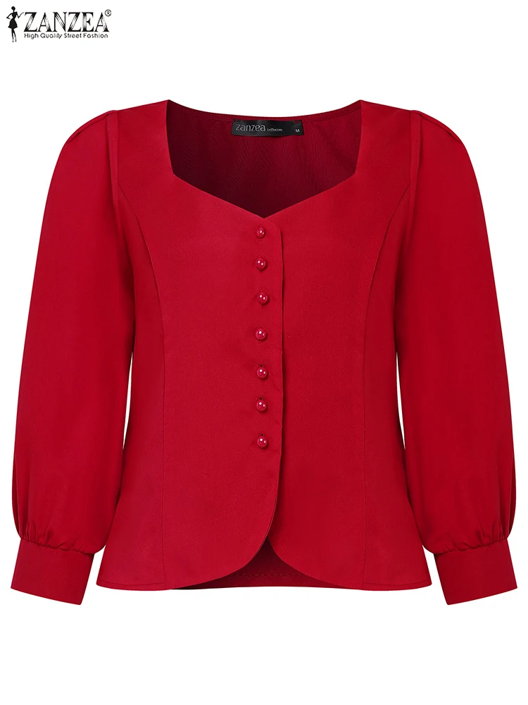 ZANZEA Women Shirts Elegant Office Tops 3/4 Sleeve Blusas Solid Color Summer Square Neck Tunics 2025 Casual Cardigans Female