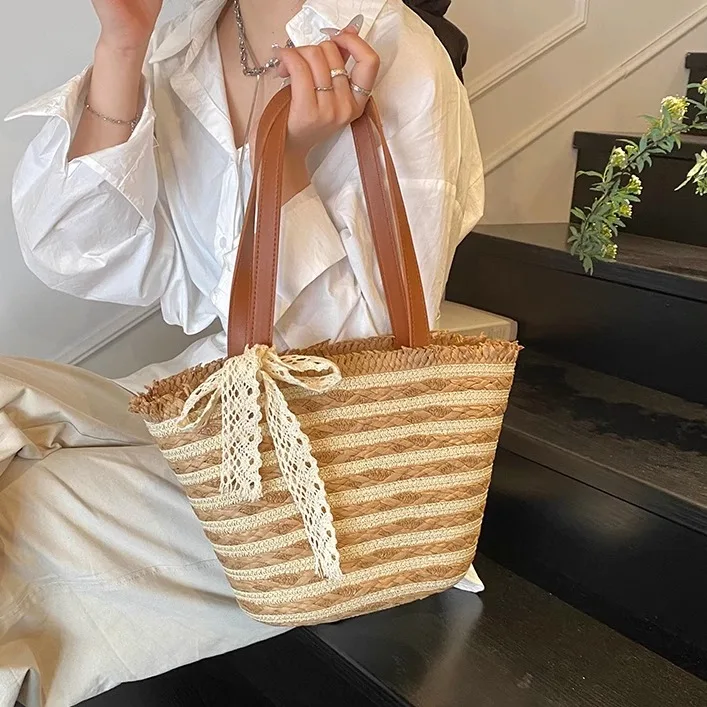 

Foufurieux Large Capacity Straw Bags for Women New Summer Fashion Basket Beach Bags Shoulder Tote Bag Luxury Designer Handbag