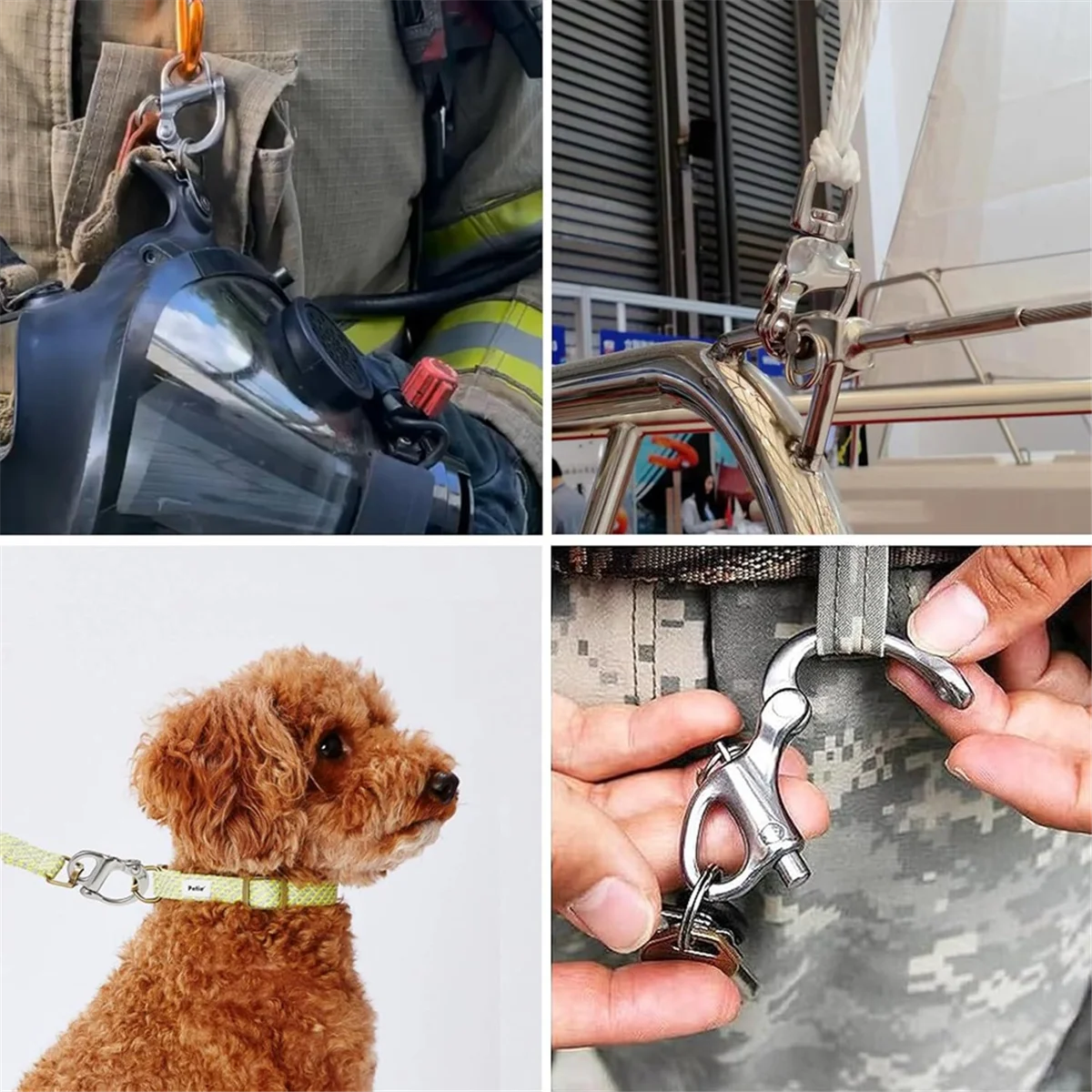 DQ2G Grillo a sgancio rapido per maschera da 2 pezzi con manico in pelle per pompiere, cordino con grillo a scatto fisso in acciaio inossidabile 316