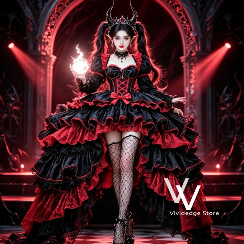 Black Red Gothic Prom Dress High Low Ruffle Corset Puff Sleeve Devil Cosplay Costume Party Gown Customized birthday dress