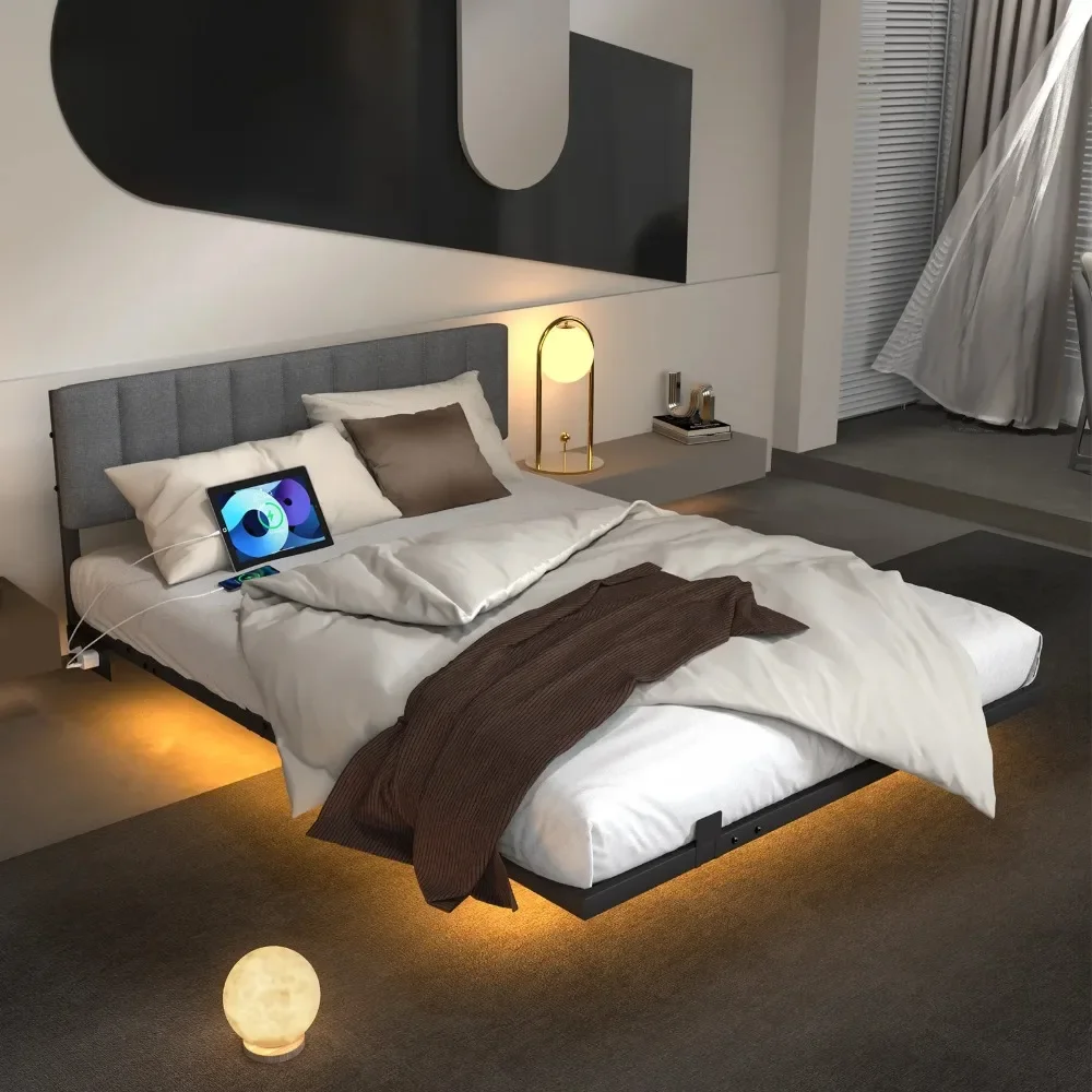 

Full Floating LED Bed Frame w/ Charging Station – Smart RGB Lights, USB/AC Ports, 1000lb Capacity, No-Slip Design