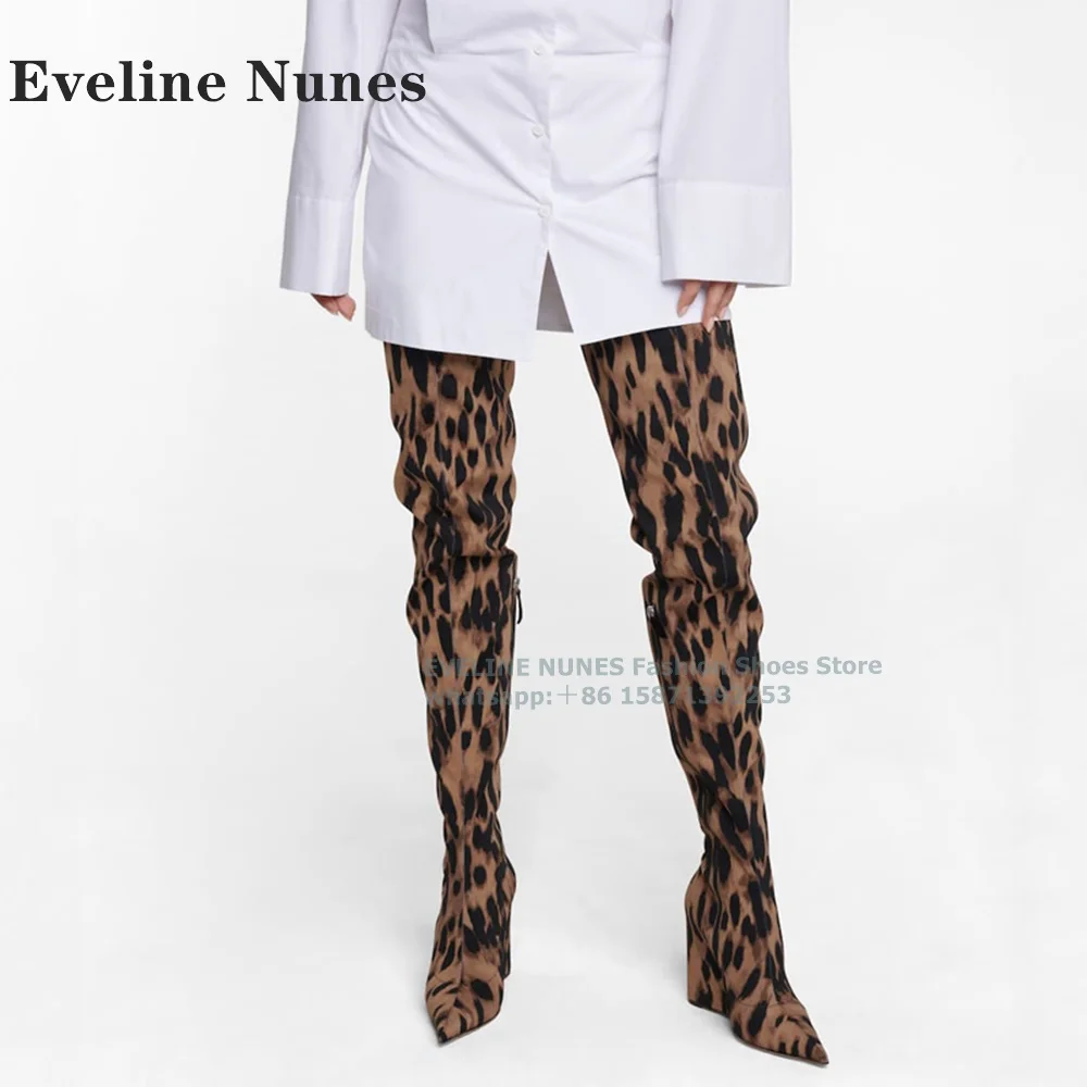 

Leopard Wedges Sexy Over The Knee Boots Pointed Toe Height Increasing Side Zip Women Stretch Boots Splicing Street Style 2024