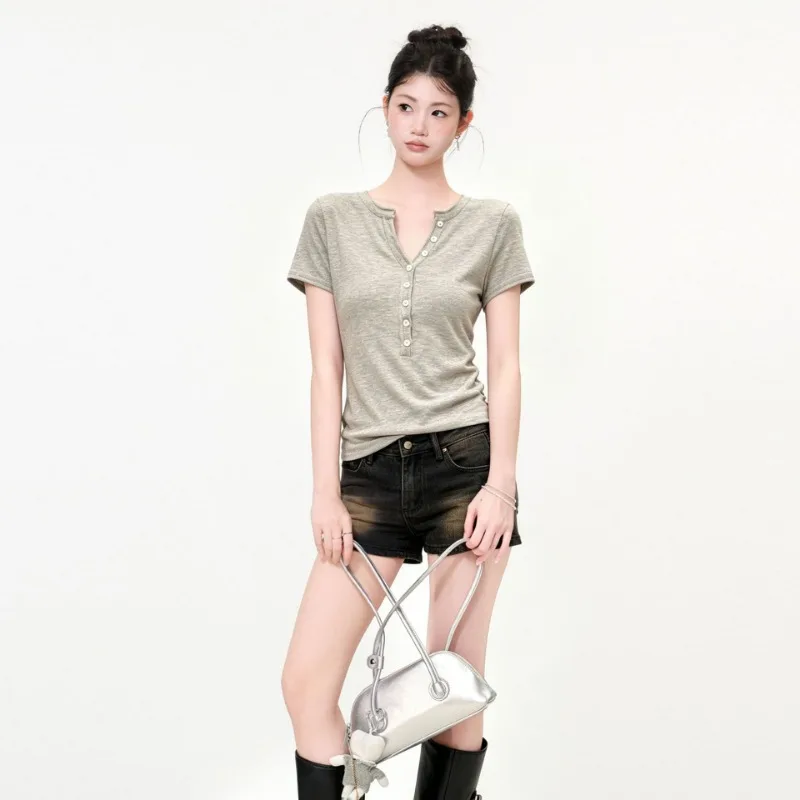 Korean Henley Notch Neck Slim Fit Shoulder Short Sleeve Knit T Shirt Women Summer Daily Top