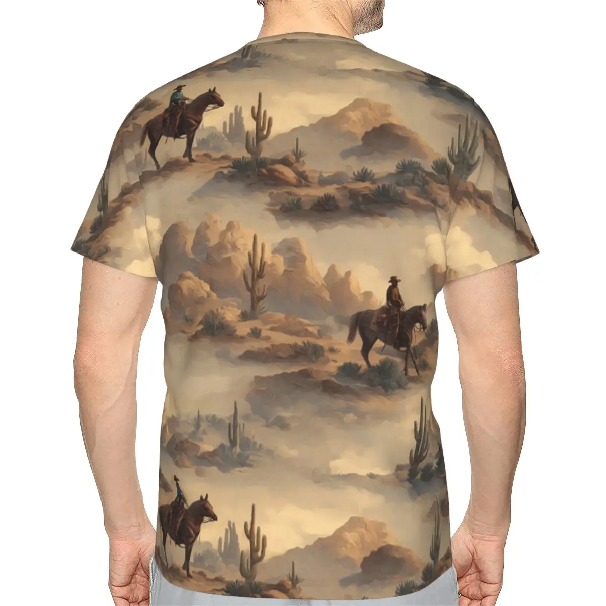 Cowboy In Desert Western Landscape Pattern 100% Cotton T-Shirt Men'sFunny T Shirts Men Crew Neck Short Sleeve