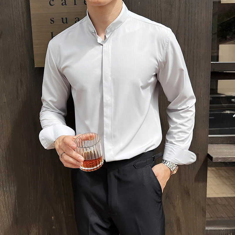 High-Grade British Style Long-Sleeved Men's Shirt Business Leisure Stand Collar Men Shirts Trendy Invisible Button Up Shirt Tops