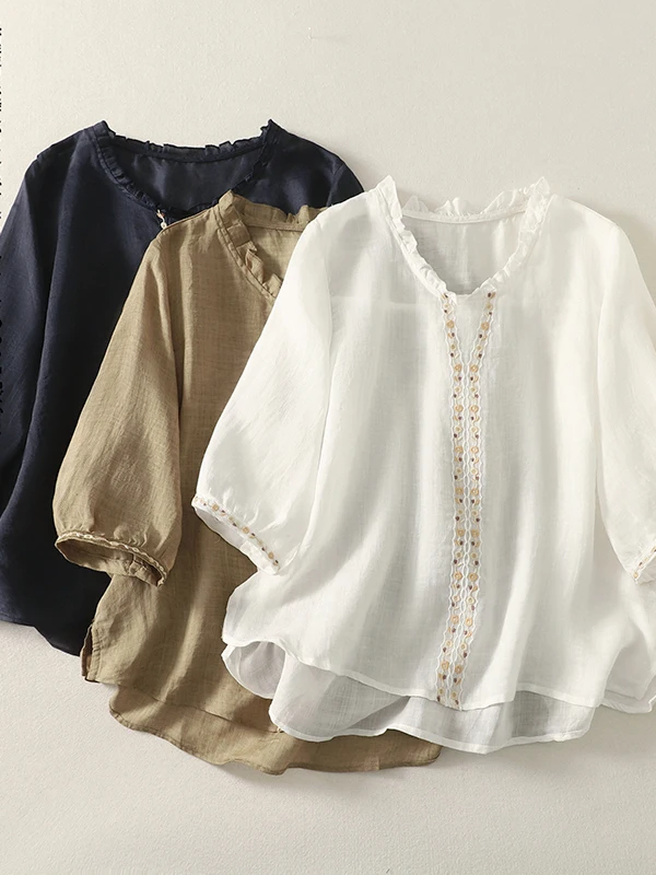 

Loose Fit Floral Print round Neck Five-Quarter Sleeve Shirt for Women plus Size Vintage Style Casual Top Skin-friendly Breath...