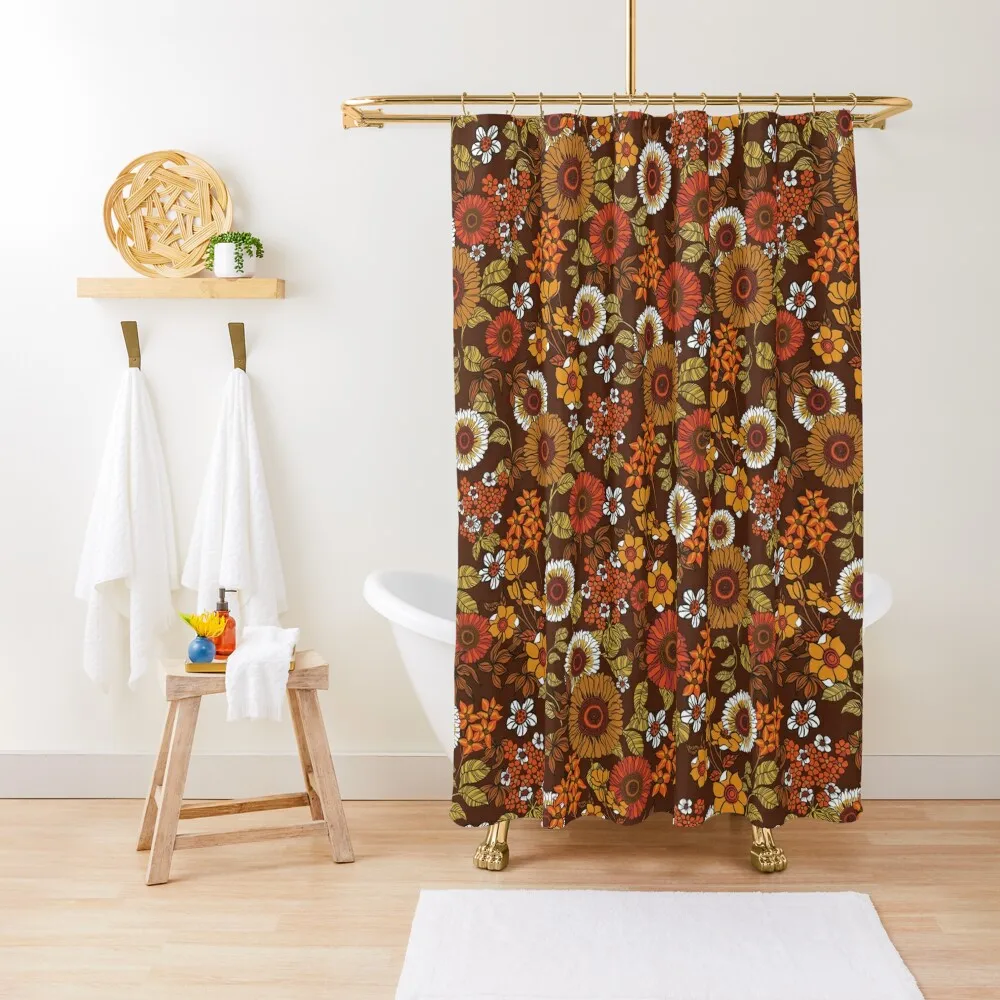 70s vintage boho flowers, orange, browns, hippie, flower power Shower Curtain Luxury Bathroom Shower Bathroom Accessory Curtain