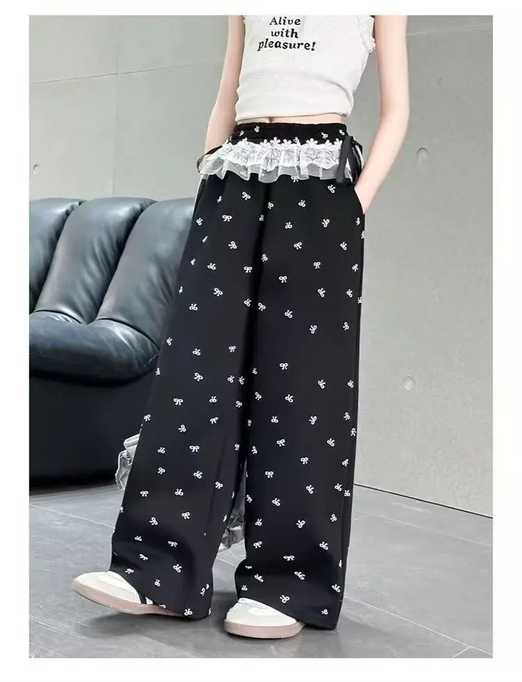 UNITIM Frühlingshosen mit Schleife für Mädchen, bedruckte Wide-Leg-Hosen für Teenager-Mädchen, lockere Kinderhosen, Freizeithosen für Kinder, 5–14 Jahre – Detail 2
