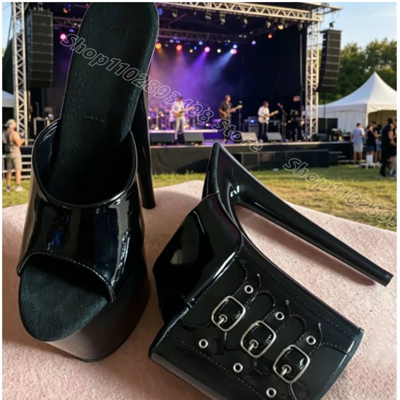 Black Buckle Decor Slip on Slippers Stiletto Platform Open Toe Stylish Summer for Women Dancing Sexy Shoes Zapatos Para Mujere