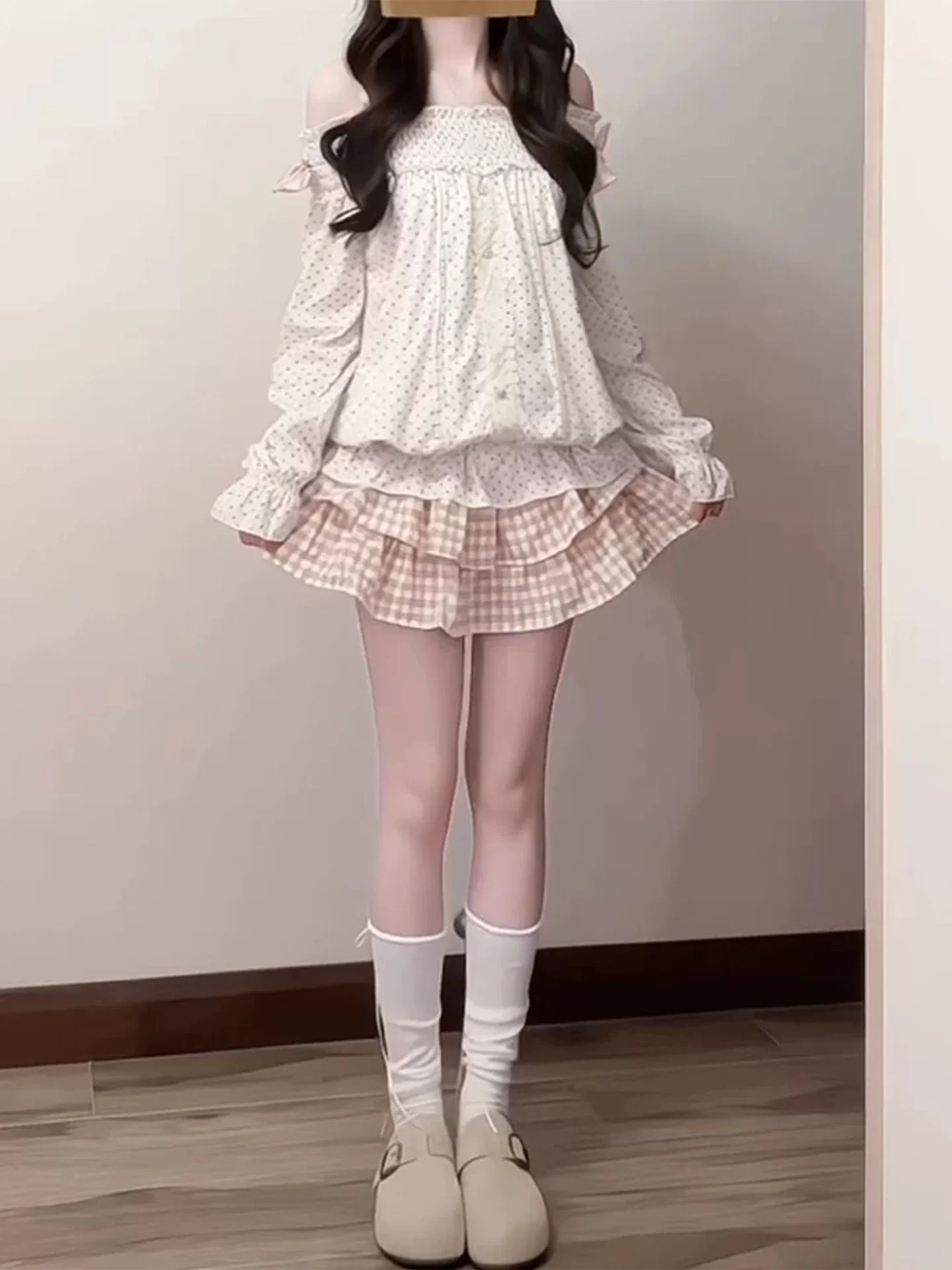 Sweet Gingham Cake Skirt Set Women's Early Autumn Long Sleeve One Shoulder Strap Dot Print Top And Skirt Ensemble Casual Fashion