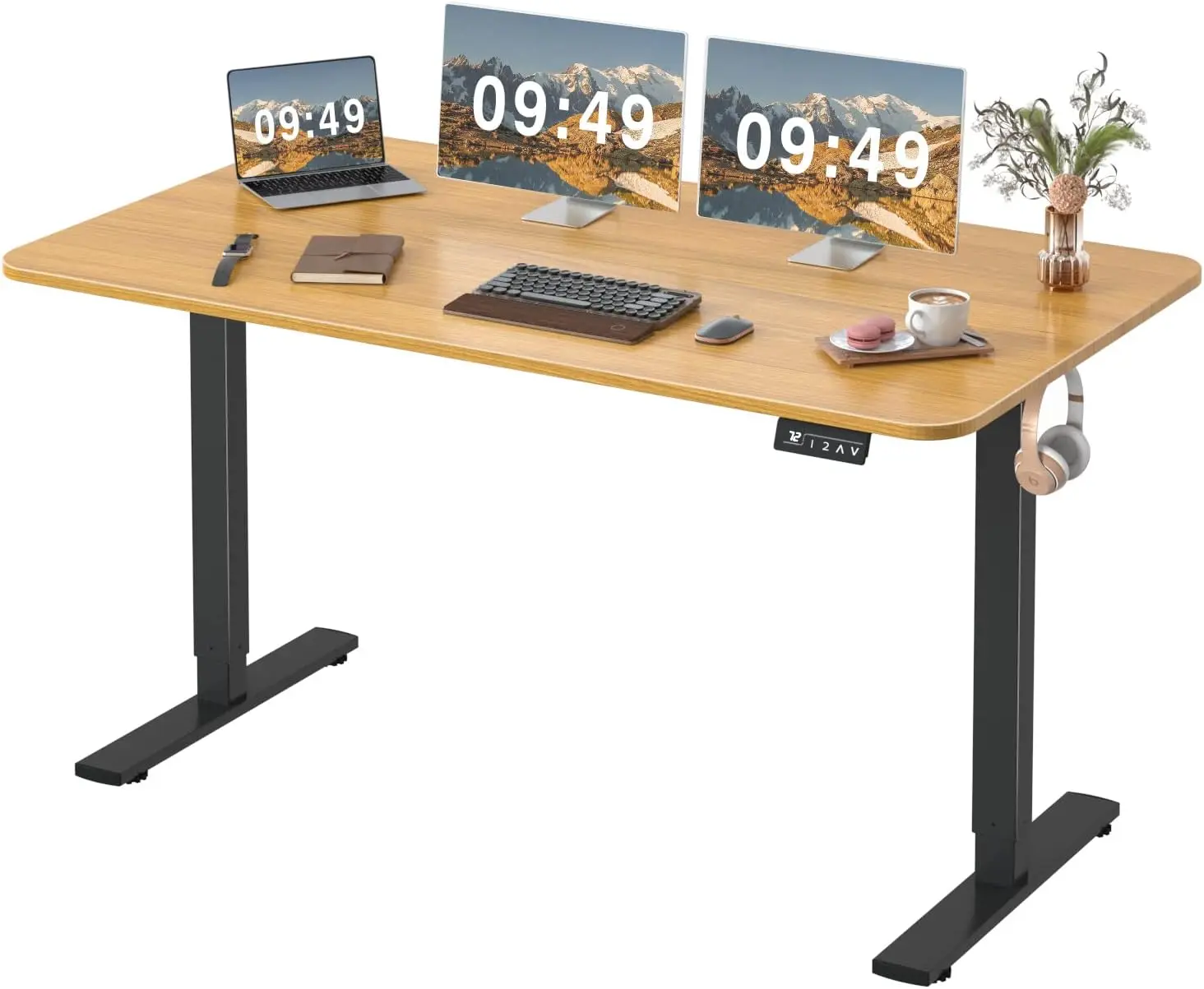 Electric height adjustable upright office desk, large size 55 x 24 inches, sitting upright desk, home office computer desk