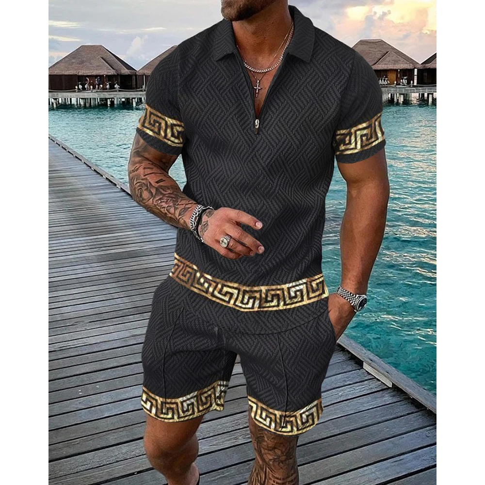 Luxury Retro Polo Shirts Set Summer Men Polo Shirt Shorts 2 Pieces Sets 3D Printed Trun Down Collar Tracksuit Casual Beach Suit