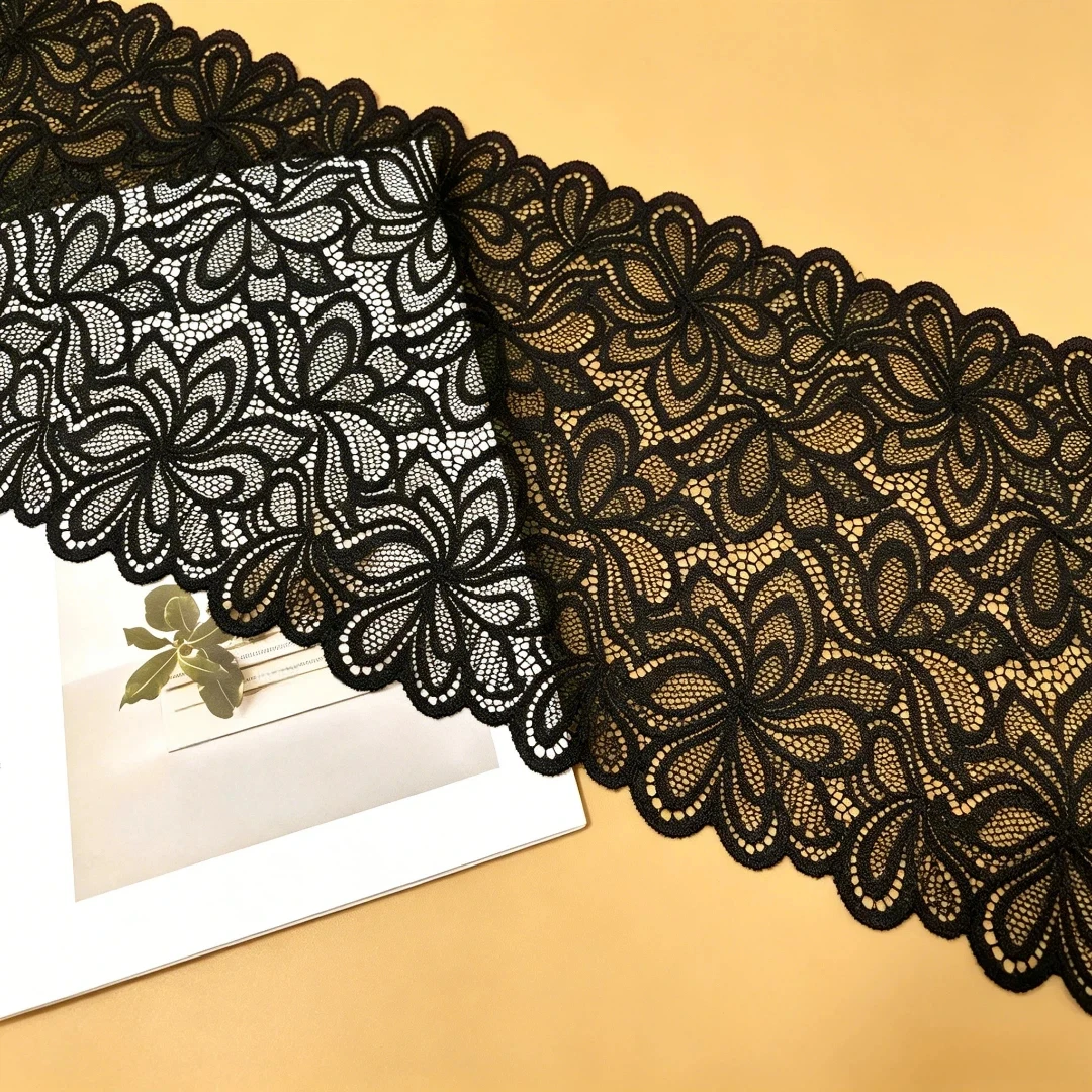 9.4inch Wide Vintage Large Floral Hollow-Out Black Water-Soluble Lace Trim, Three-Dimensional Embroidery, Full and Transparent, Soft and Drapey, with Neat Edges, Suitable for Lingerie, Skirt Edges, Necklines, Wedding Dresses, DIY Handmade Sewing, Clothing Decoration Accessories
