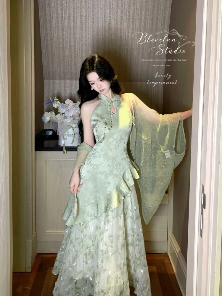 

New Chinese-style improved halter-neck gentle cheongsam jacquard patchwork ethereal printed chiffon skirt