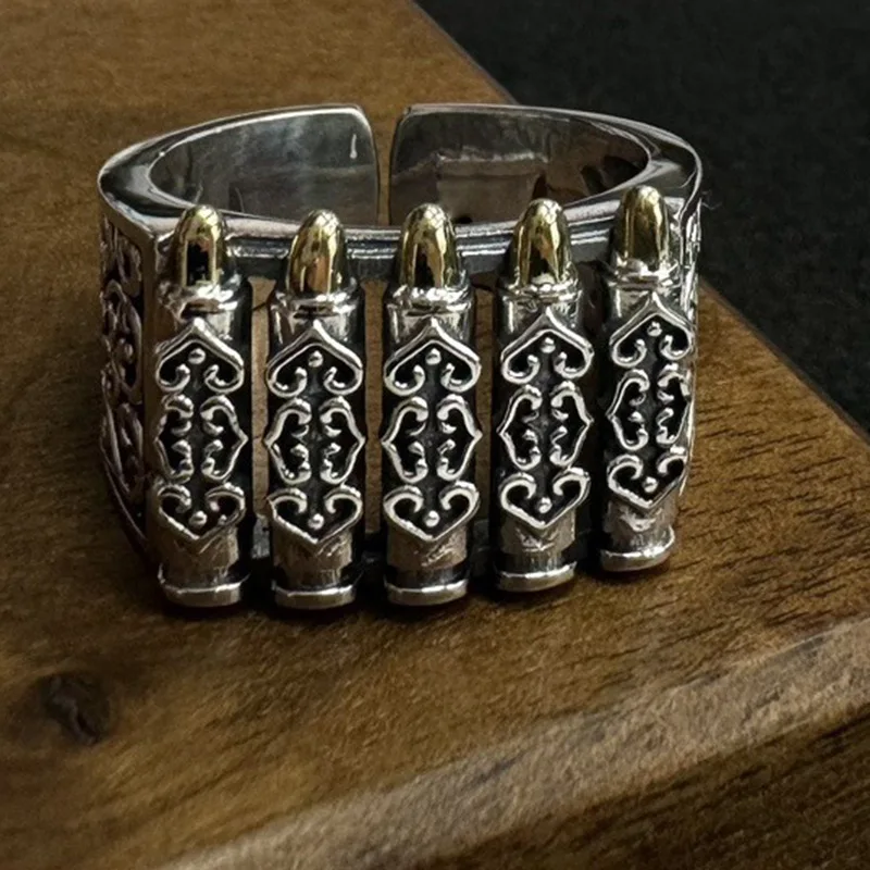 Silver colored ring, fashionable bullet shaped retro distressed Tang grass patterned ring, men's jewelry