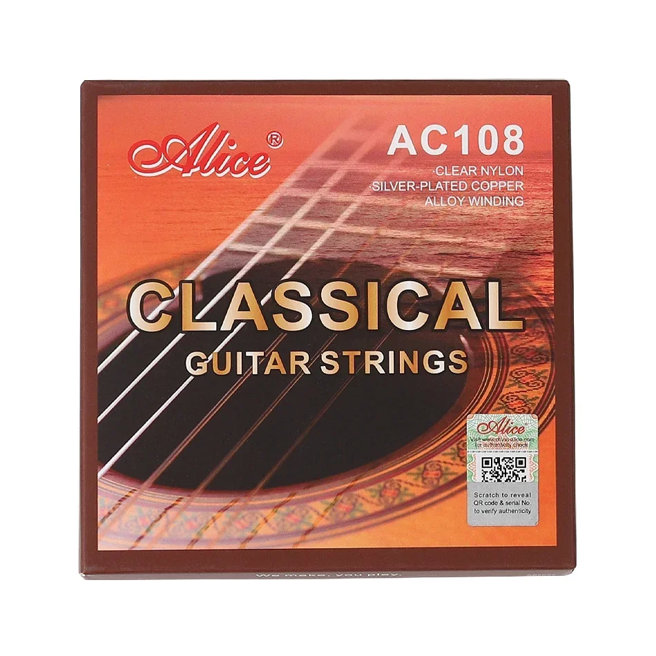 Alice AC108 Guitarra clásica profesional cuerdas de Guitarra chapada en plata enrollada de cobre nailon transparente Normal alta tensión 6 cuerdas